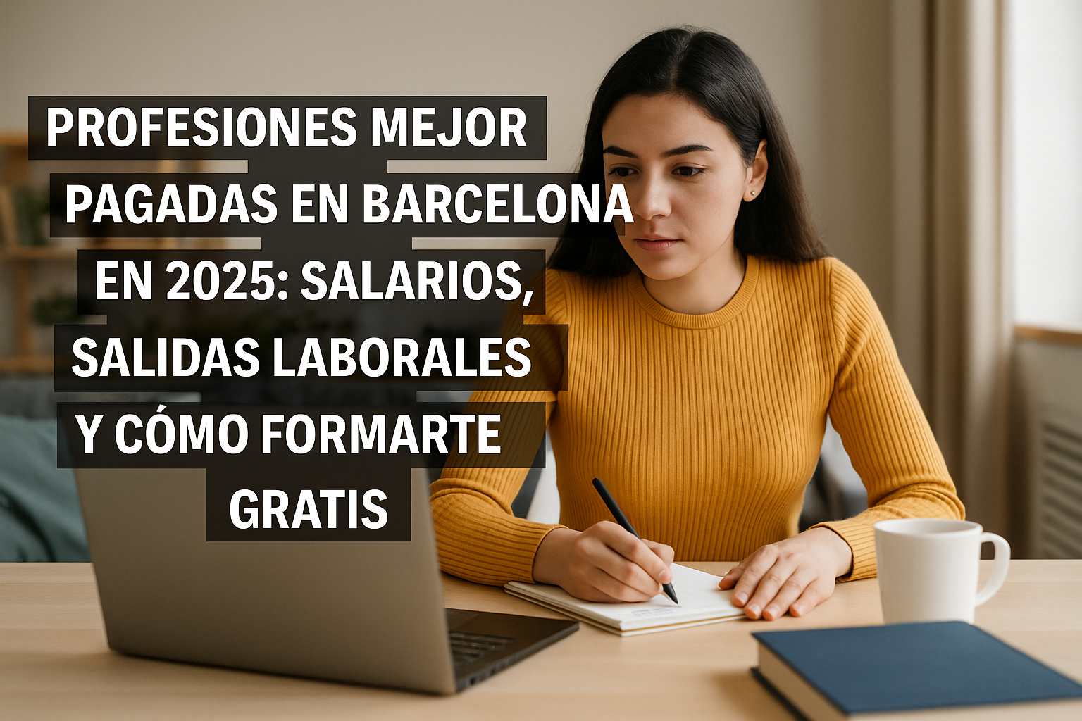 Mujer joven estudiando en casa para convertirse en desarrolladora web, una de las profesiones mejor pagadas en Barcelona en 2025