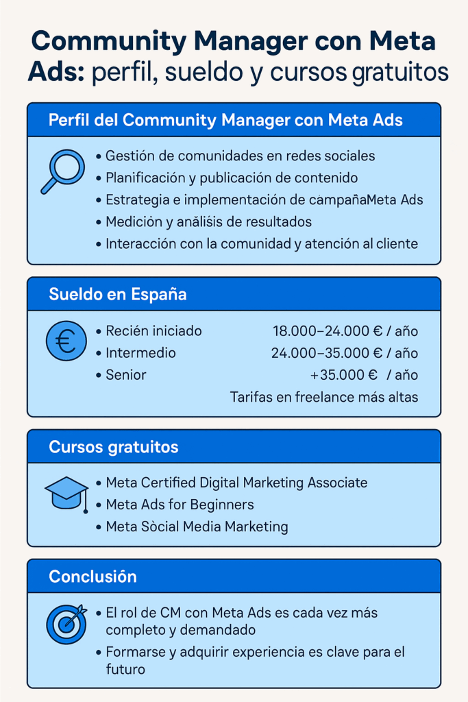 Descubre qué hace un Community Manager con Meta Ads, cuánto gana en España en 2026 y cómo formarte gratis en solo 30 días. Guía completa con sueldos, herramientas y cursos oficiales.