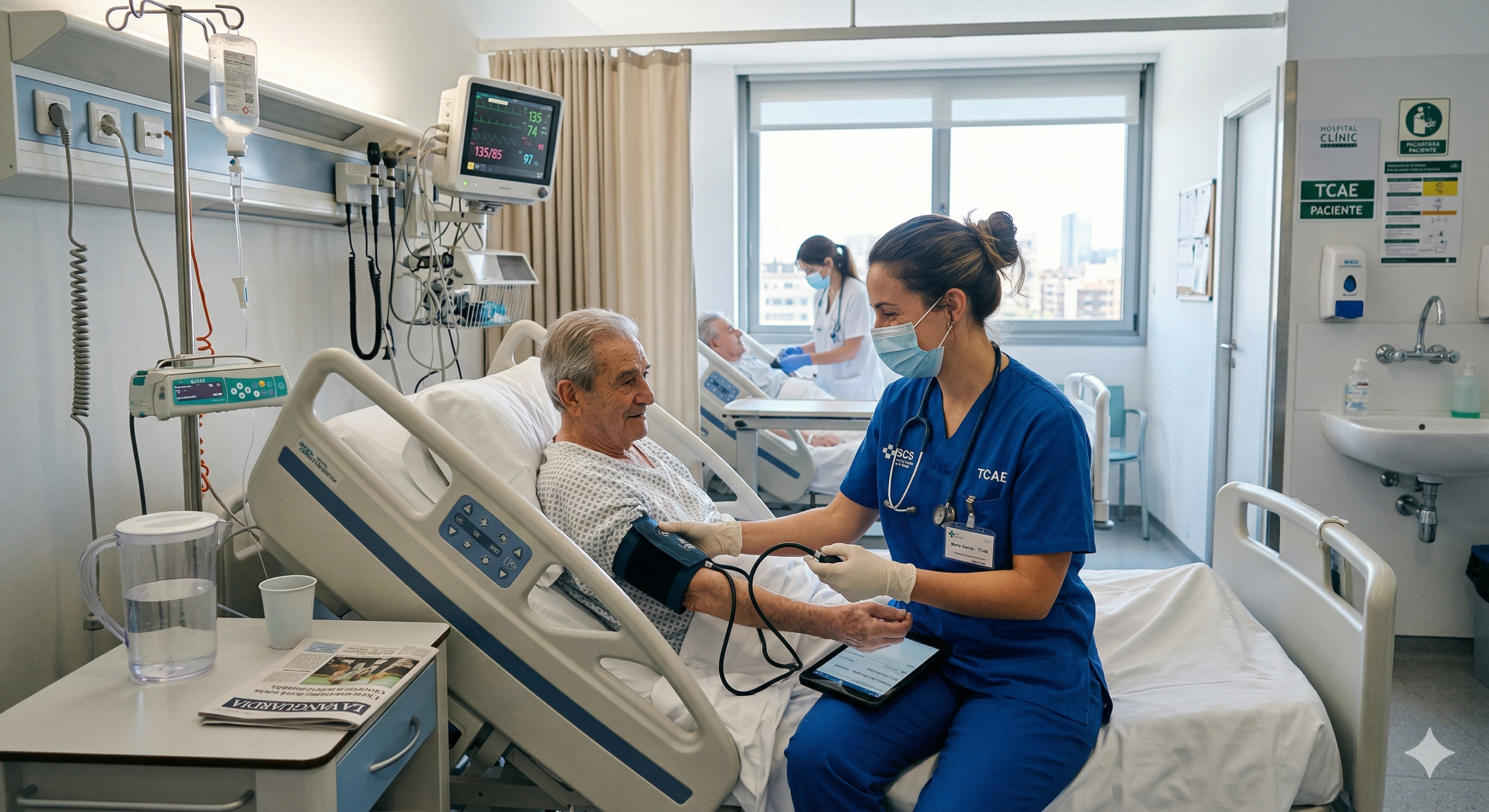 Técnico en Cuidados Auxiliares de Enfermería atendiendo paciente en hospital España 2026